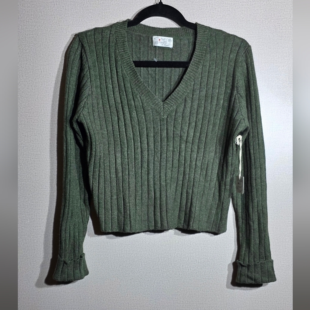 Poof! Olive Green Ribbed V-Neck Sweater